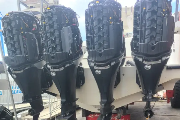  Four marine engines are serviced through marine engine diagnostics by Marine Kings of Miami in Miami, Florida.