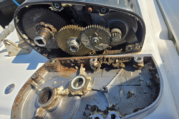 Engine gears are inspected by Marine Kings of Miami using marine engine diagnostics in Miami, Florida.