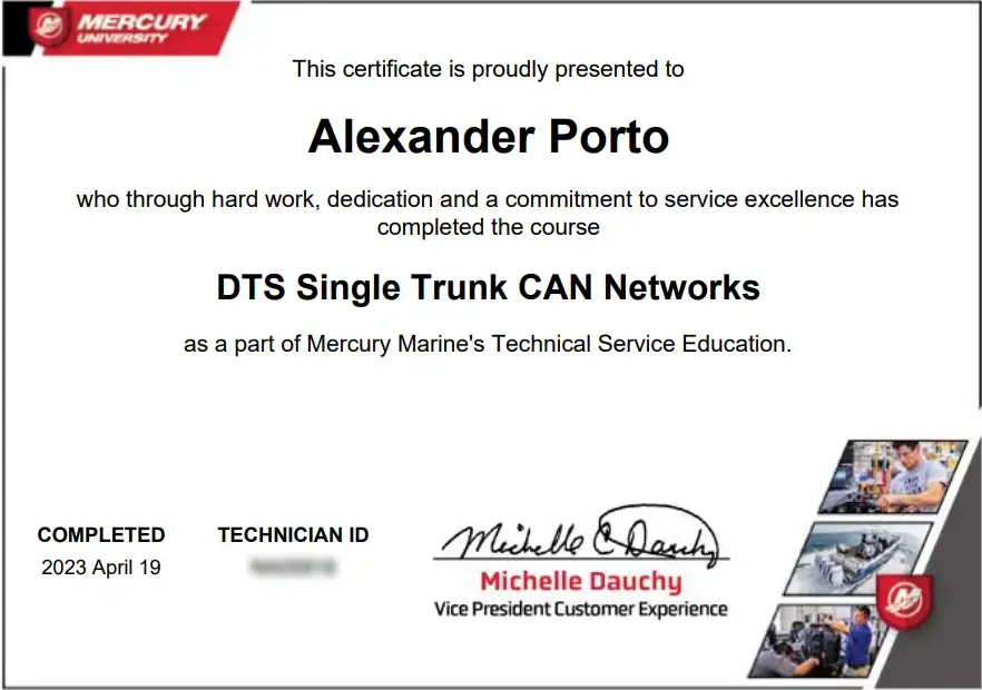 Certification supports marine engine diagnostics from Marine Kings of Miami in Miami, Florida.