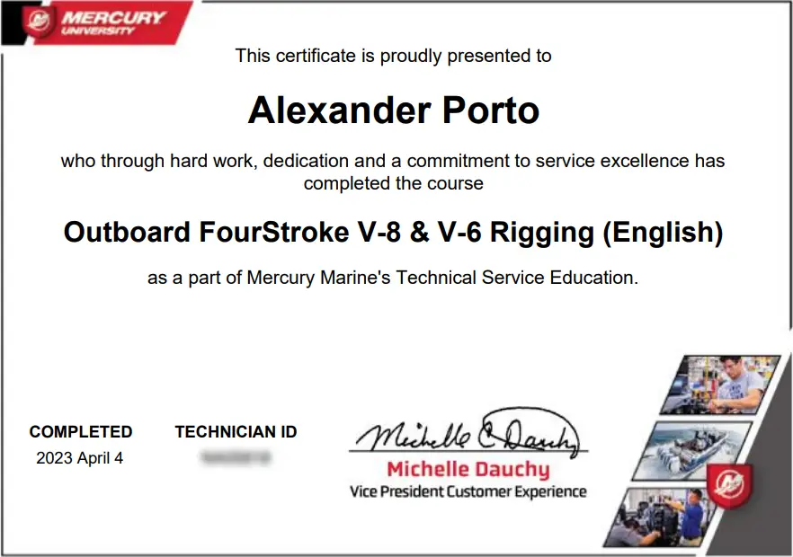 Technical certification confirms marine engine diagnostics at Marine Kings of Miami.