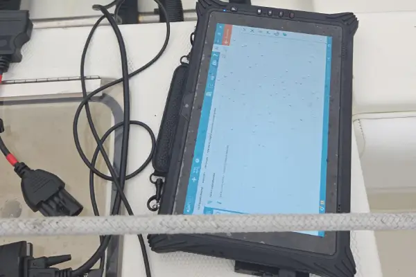  A tablet on the back of the boat helps Marine Kings of Miami with marine engine diagnostics.
