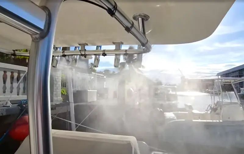 Water spraying from a boat reflects boat maintenance services by Marine Kings of Miami in Miami, Florida.