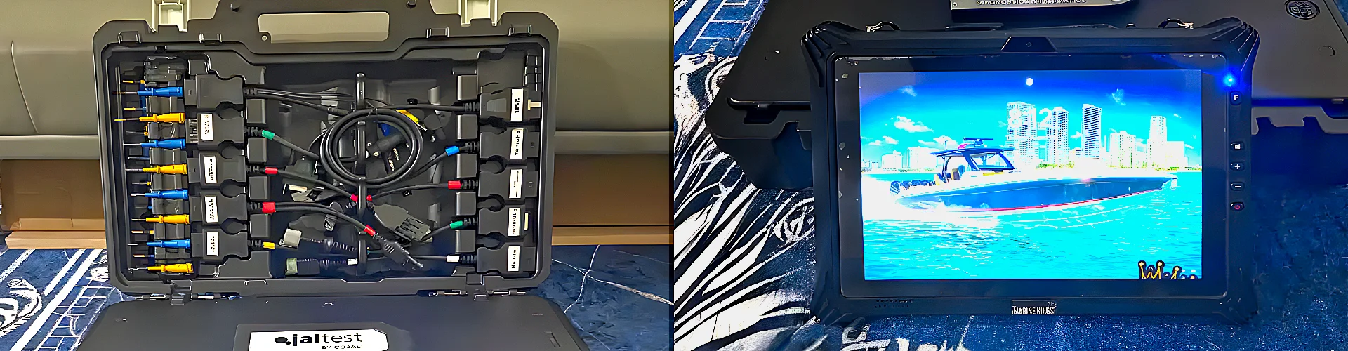 Display screens are reviewed by Marine Kings of Miami during marine electrical troubleshooting.