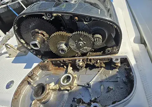 Gears on the deck are inspected by Marine Kings of Miami using marine engine diagnostics.