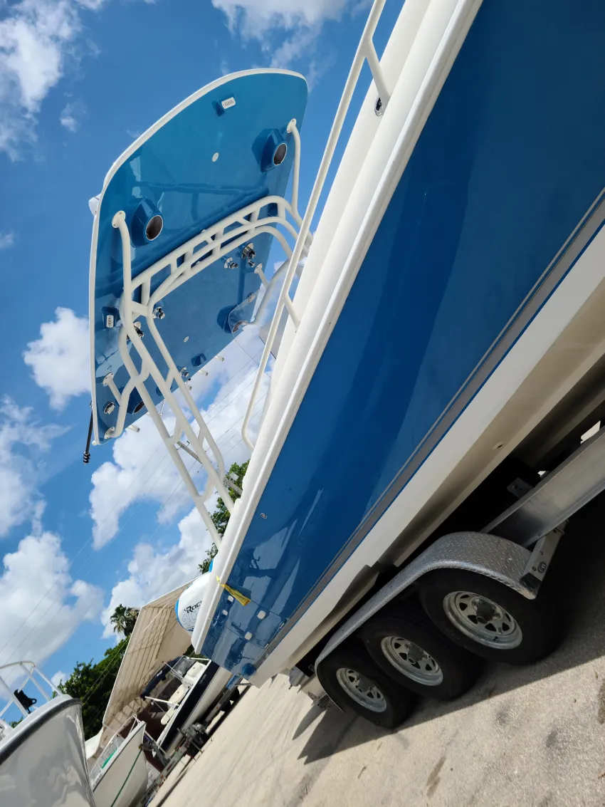  A raised ladder is part of boat maintenance services handled by Marine Kings of Miami in Miami, Florida.