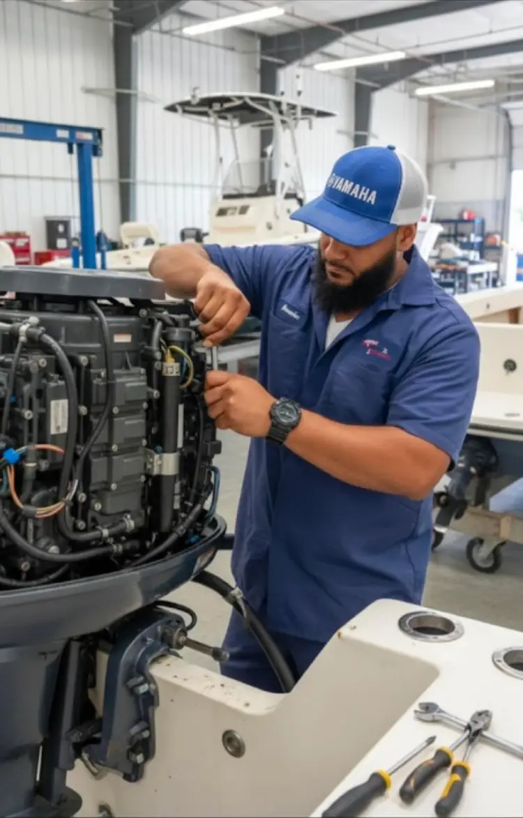  A technician in a blue shirt performs marine engine diagnostics for Marine Kings of Miami.