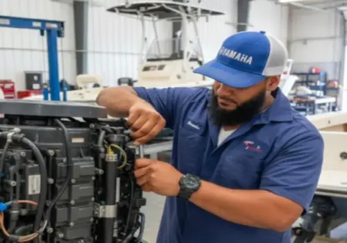  A technician in a blue shirt performs marine engine diagnostics for Marine Kings of Miami.