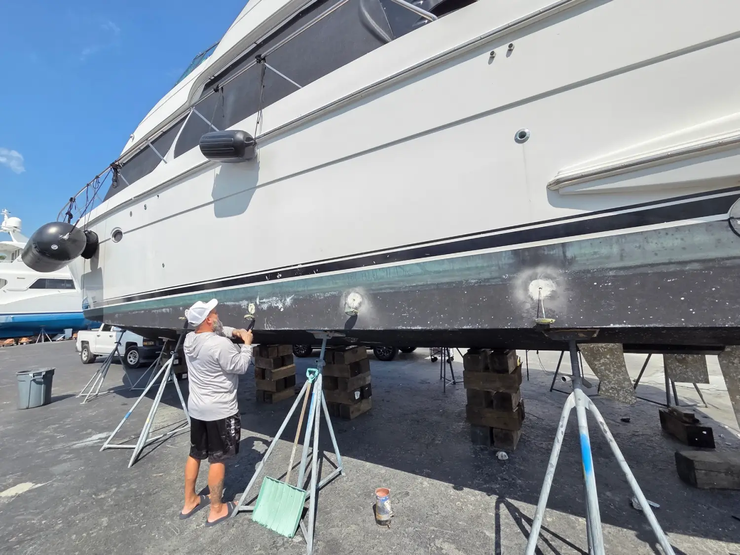  On land, a vessel is repaired through boat repair Miami by Marine Kings of Miami in Miami, Florida.