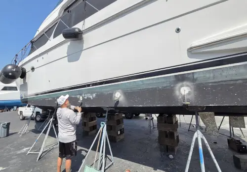  On land, a vessel is repaired through boat repair Miami by Marine Kings of Miami in Miami, Florida.