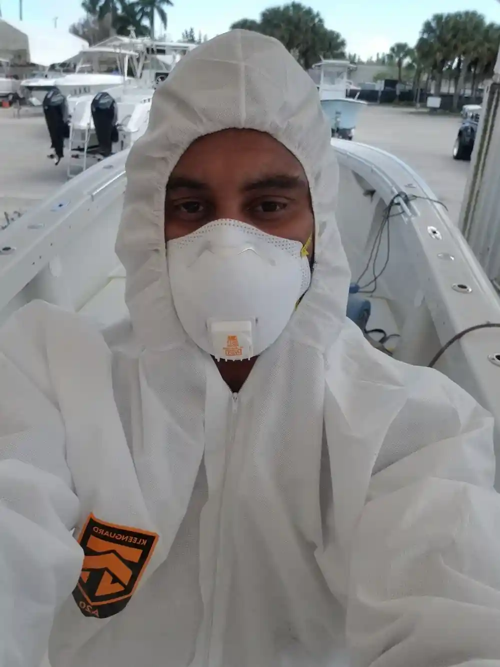  Protective gear is worn during boat repair Miami work by Marine Kings of Miami.