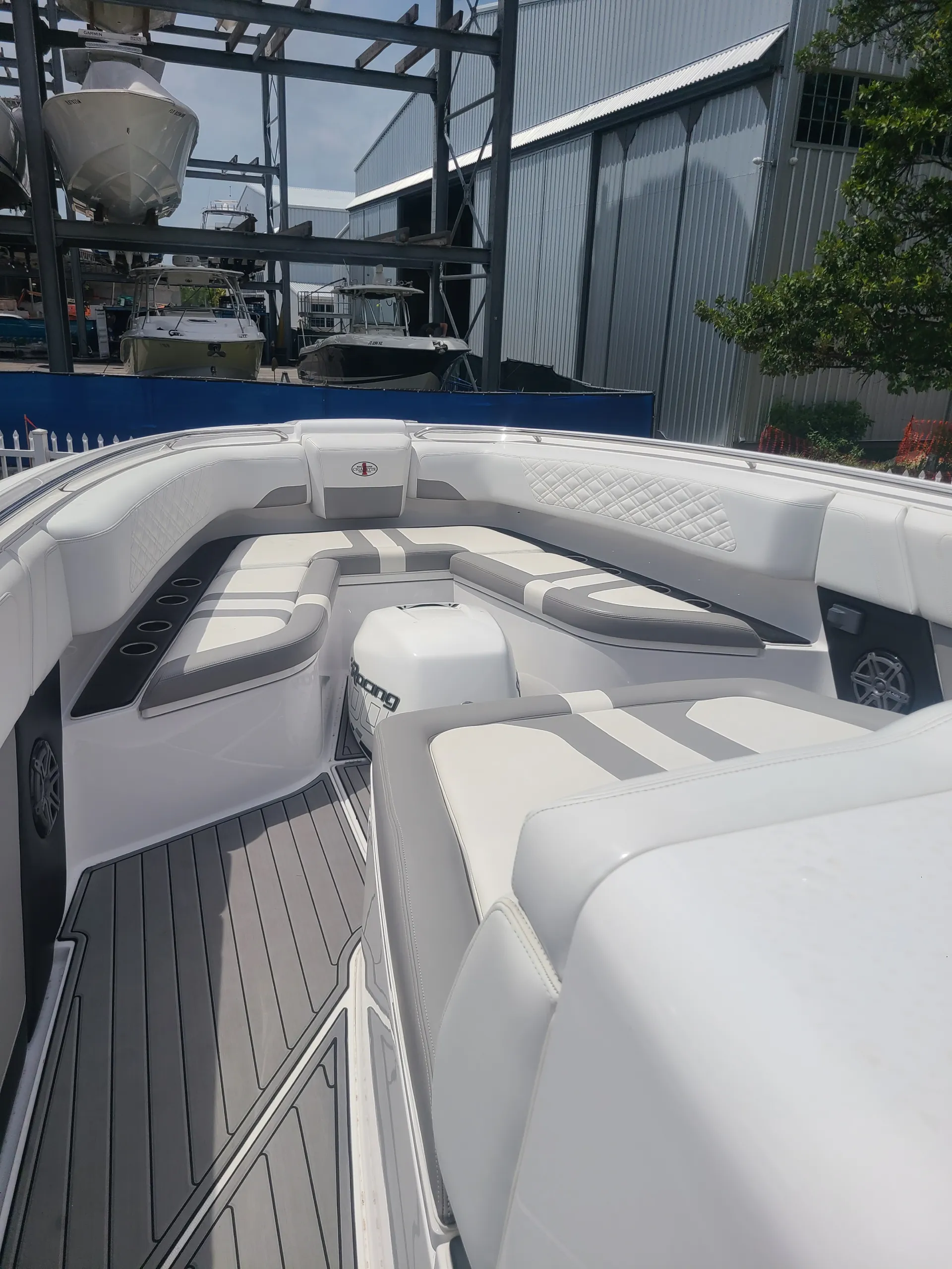 White seats with black trim are maintained by Marine Kings of Miami with boat maintenance services in Miami, Florida.
